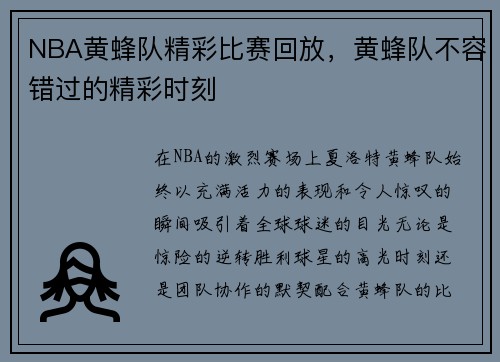 NBA黄蜂队精彩比赛回放，黄蜂队不容错过的精彩时刻